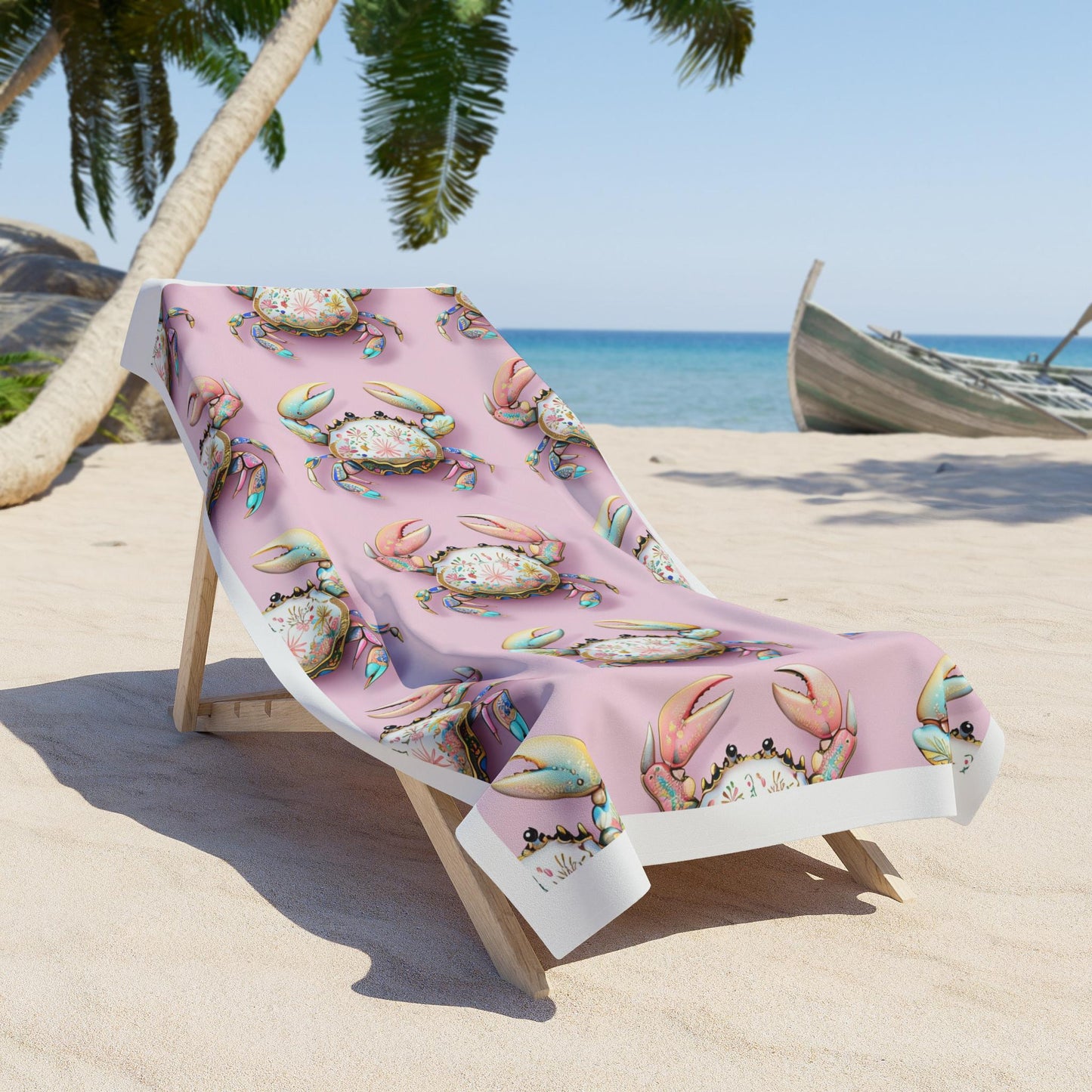 Pastel Floral Crab Beach Towel | Pink Coastal Seashell Pattern