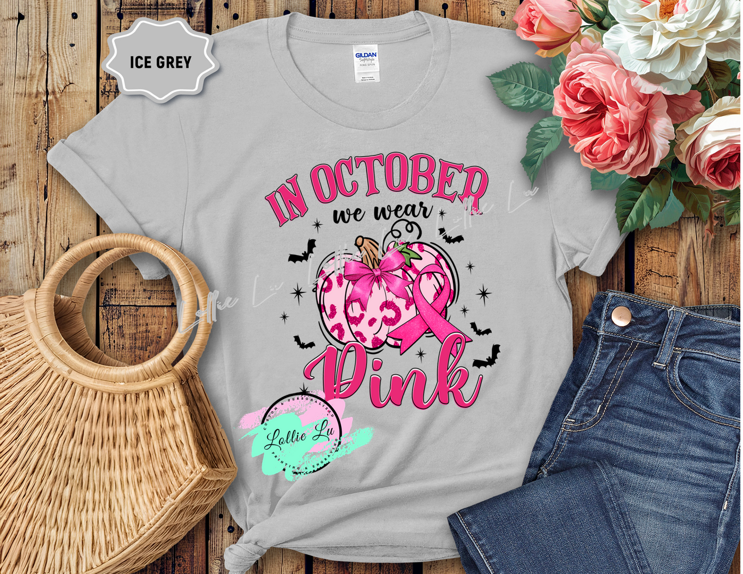 In October We Wear Pink Breast Cancer Awareness DTF Transfer; fall; custom design; print your own shirt