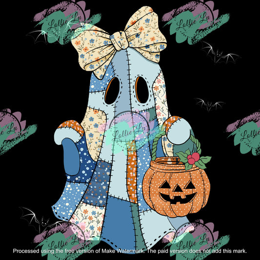 Patchwork Ghost Girl Custom Print; Halloween; Digital file; png; dtf; sublimation; tshirt; trick or treat; candy; kids