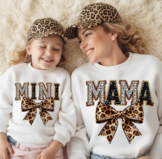 Mama & Mini Faux Sequin Leopard Bow Custom Shirt; Sweatshirt; Sweater; gift; dtf; png; digital