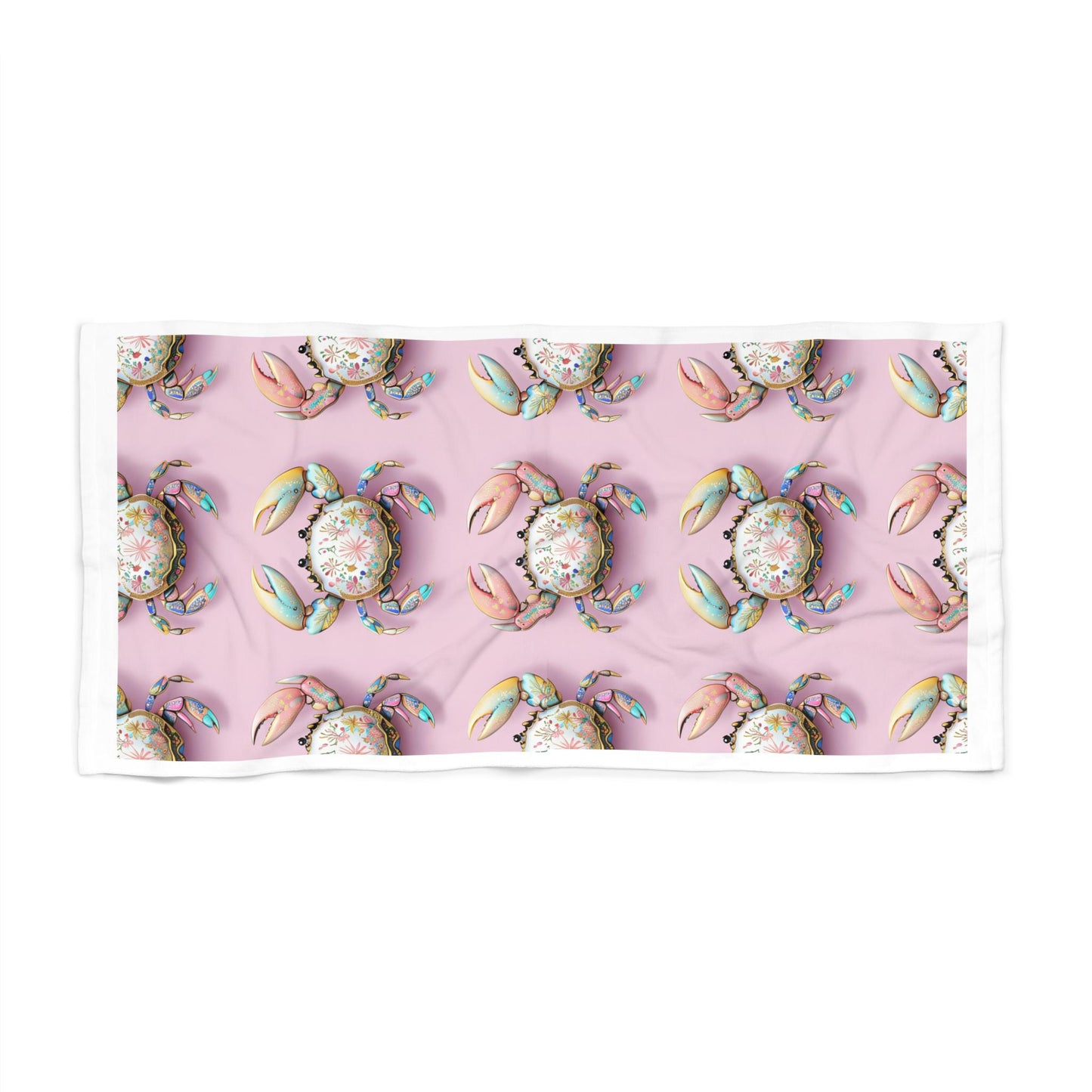 Pastel Floral Crab Beach Towel | Pink Coastal Seashell Pattern