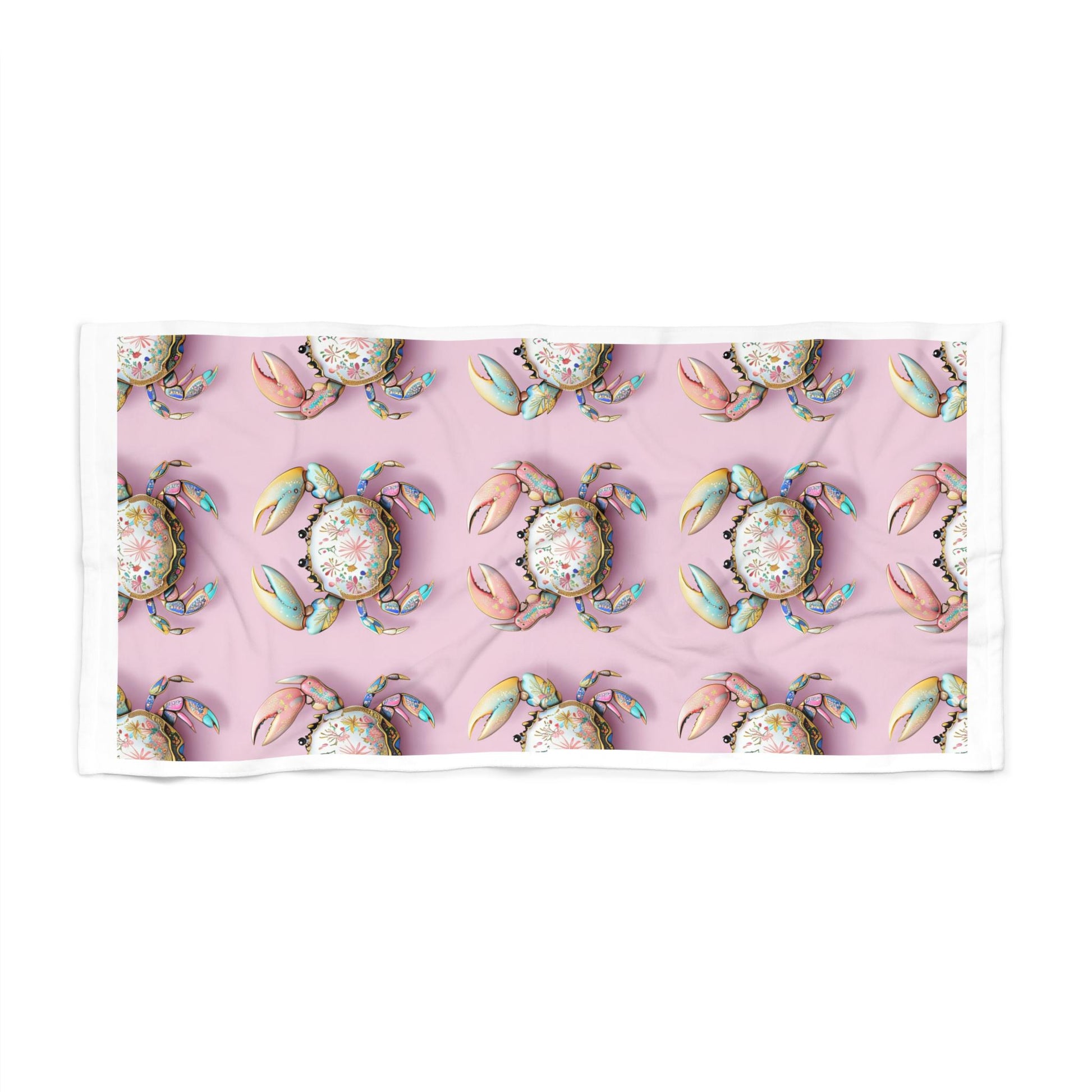Pastel Floral Crab Beach Towel | Pink Coastal Seashell Pattern