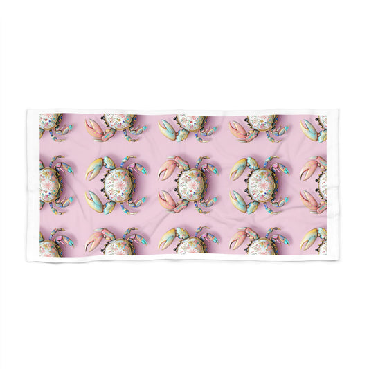 Pastel Floral Crab Beach Towel | Pink Coastal Seashell Pattern