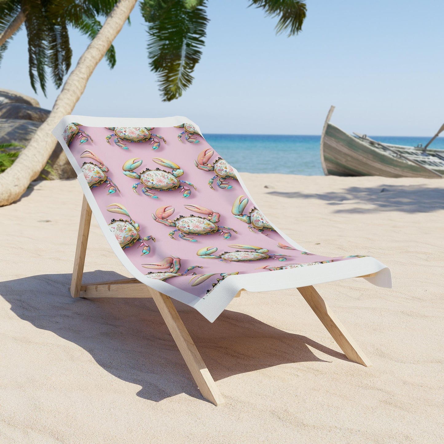 Pastel Floral Crab Beach Towel | Pink Coastal Seashell Pattern