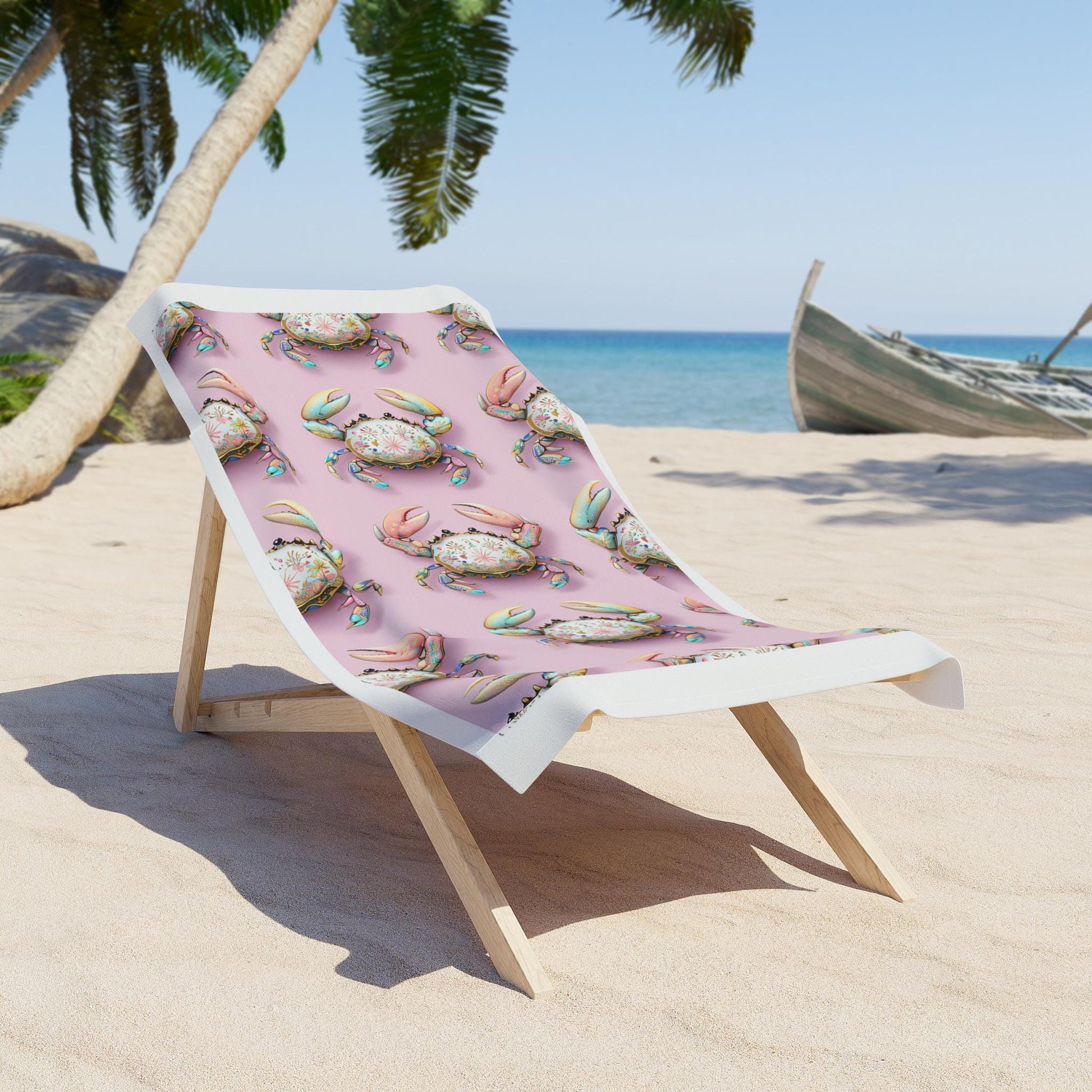 Pastel Floral Crab Beach Towel | Pink Coastal Seashell Pattern