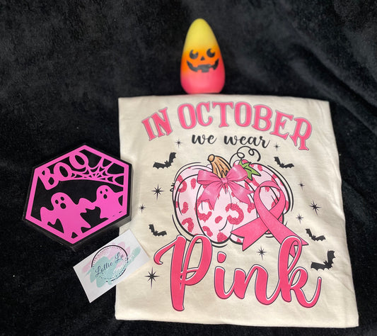 In October We Wear Pink Breast Cancer Awareness DTF Transfer; fall; custom design; print your own shirt