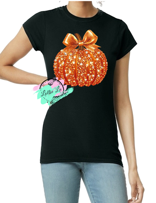 Pumpkin Faux Rhinestone with Bow Custom Shirt